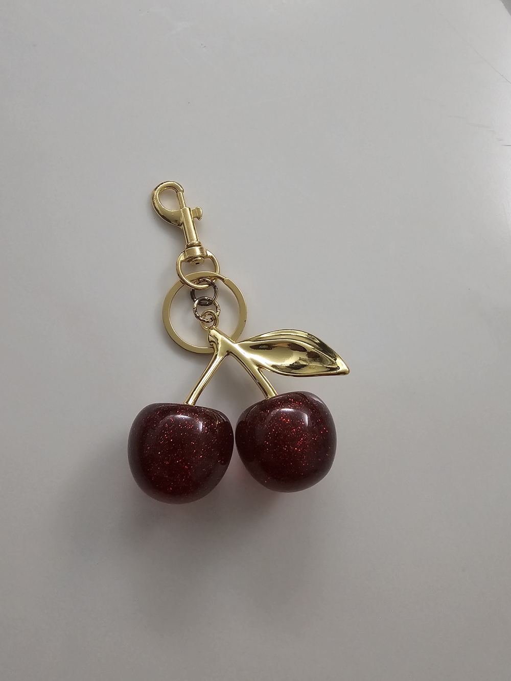 Gold Cherry Keychain with Sparkling Red Cherries